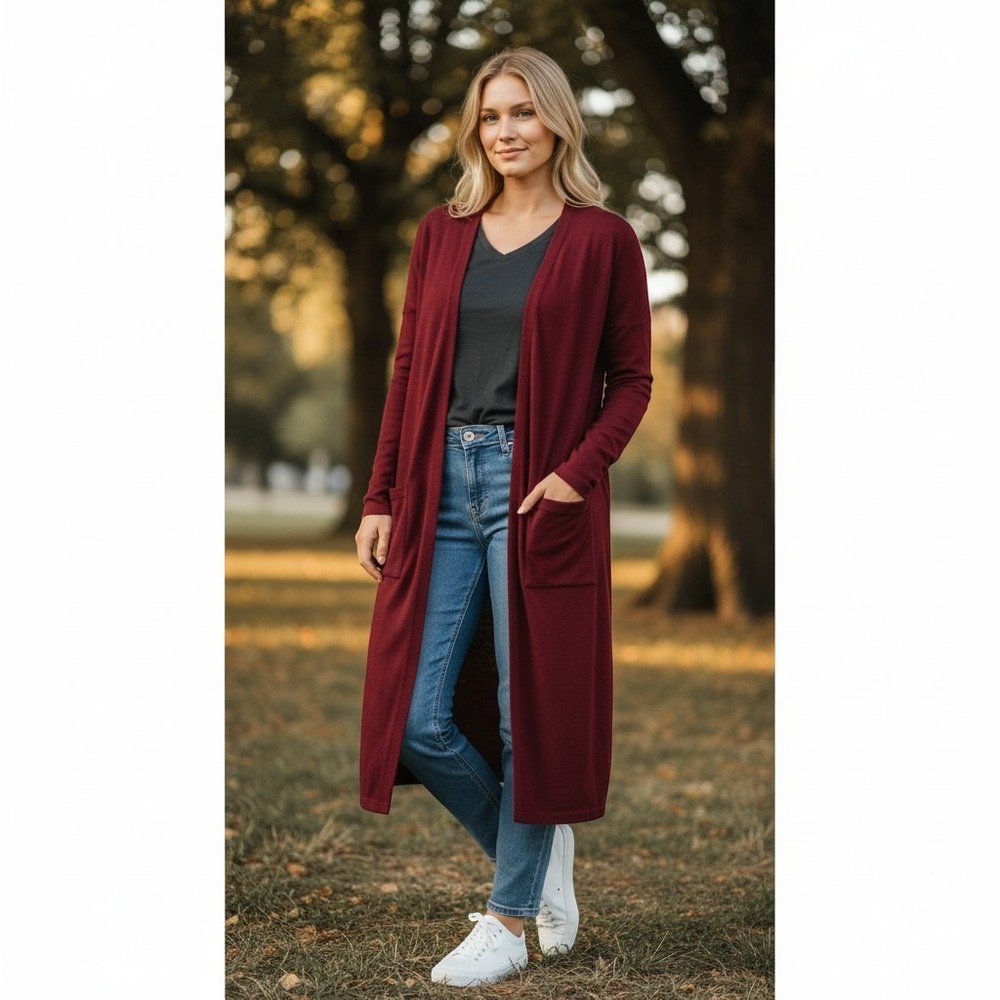 Halogen Plus Sz 3X Cashmere Blend Burgundy Open Long Cardigan Sweater Pockets
